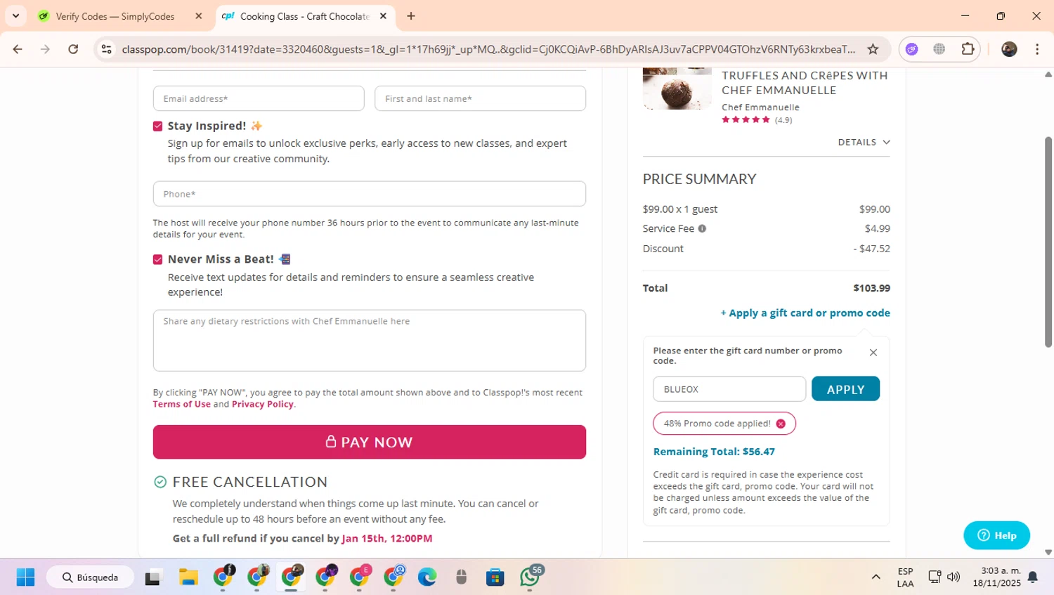 Classpop! promo code screenshot showing code BLUEOX applied at Classpop! checkout page. Uploaded by SimplyCodes community member CoinScout855 on Nov 18, 2025