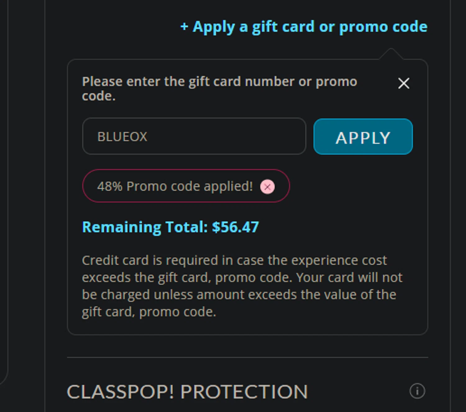 Classpop! promo code screenshot showing code BLUEOX applied at Classpop! checkout page. Uploaded by SimplyCodes community member jaimitoalcachofa on Oct 20, 2025