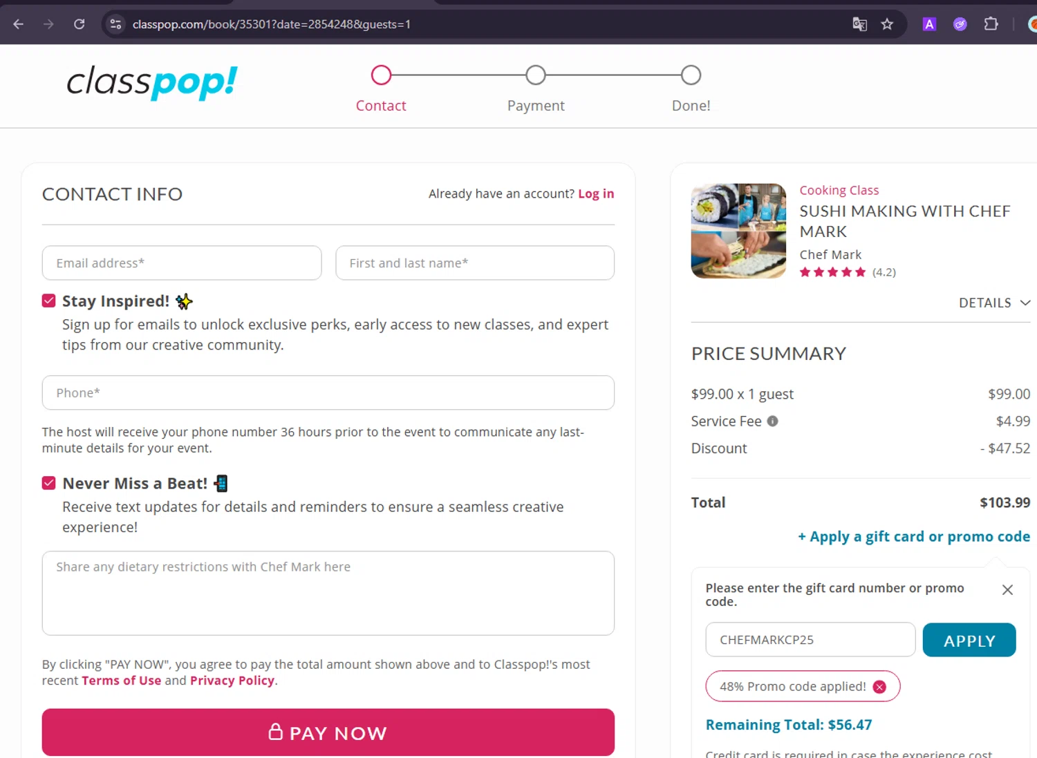 Classpop! promo code screenshot showing code CHEFMARKCP25 applied at Classpop! checkout page. Uploaded by SimplyCodes community member NobleDefender3673 on Jul 19, 2025
