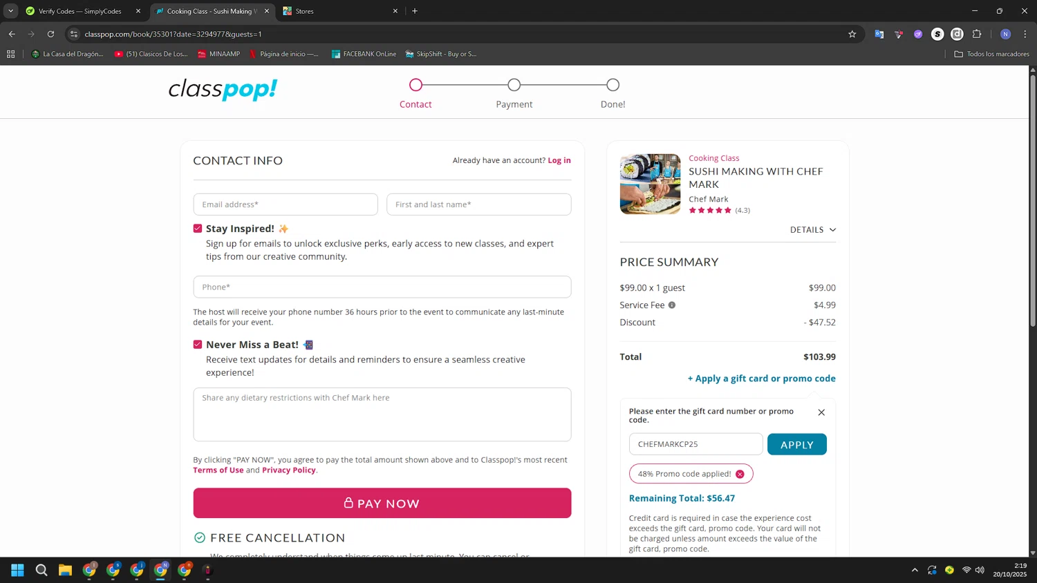 Classpop! promo code screenshot showing code CHEFMARKCP25 applied at Classpop! checkout page. Uploaded by SimplyCodes community member RoyalGuardian2978 on Oct 20, 2025