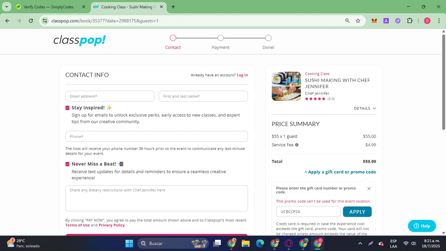 Classpop! promo code screenshot showing code UCBCCP24 applied at Classpop! checkout page. Uploaded by SimplyCodes community member SilverVirtuoso7221 on Jul 18, 2025