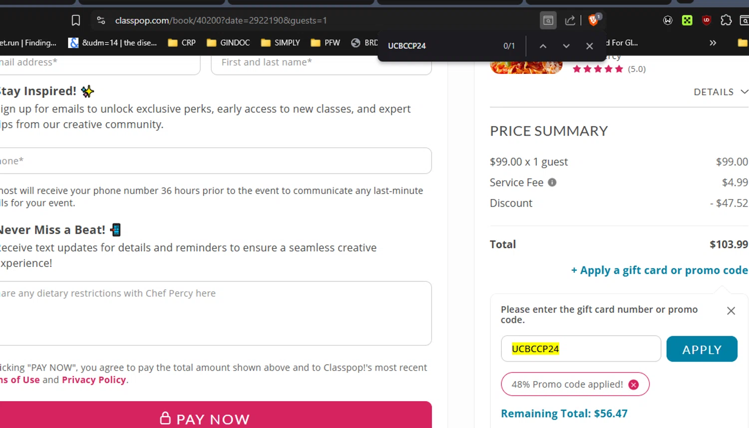 Classpop! promo code screenshot showing code UCBCCP24 applied at Classpop! checkout page. Uploaded by SimplyCodes community member RickhiK on Jul 3, 2025