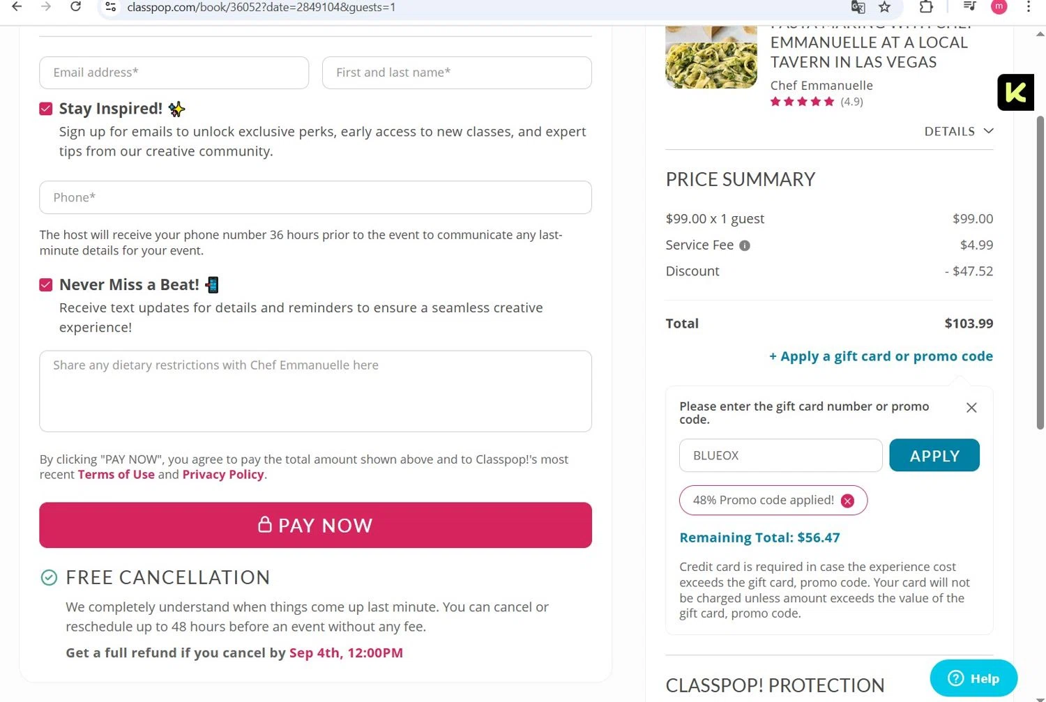 Classpop! promo code screenshot showing code BLUEOX applied at Classpop! checkout page. Uploaded by SimplyCodes community member monicyell on Sep 1, 2025