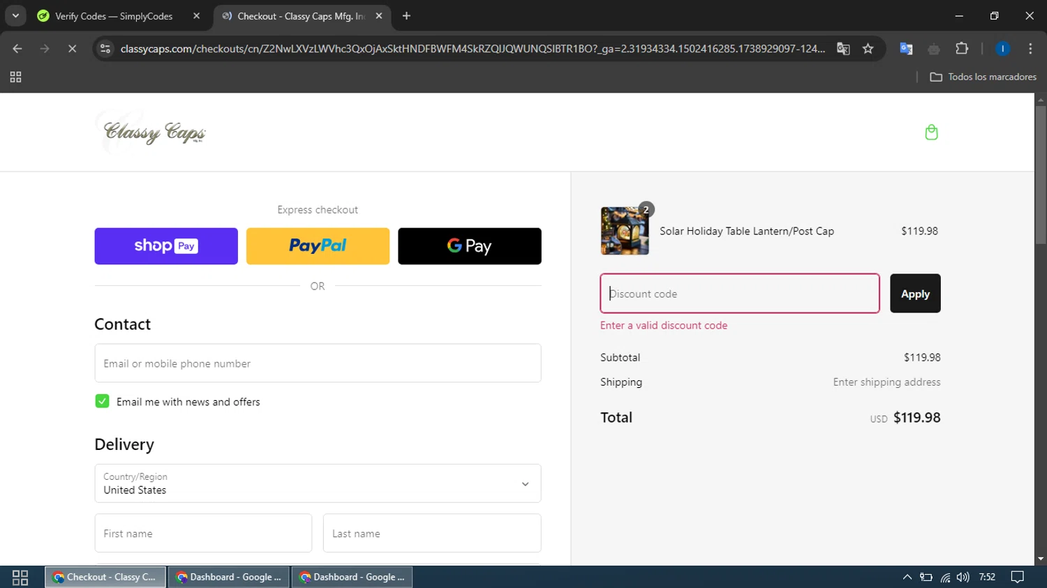 Classy Caps discount code screenshot showing code MULTIPRODUCTS applied at Classy Caps checkout page. Uploaded by SimplyCodes community member Chimuelo on Feb 7, 2025