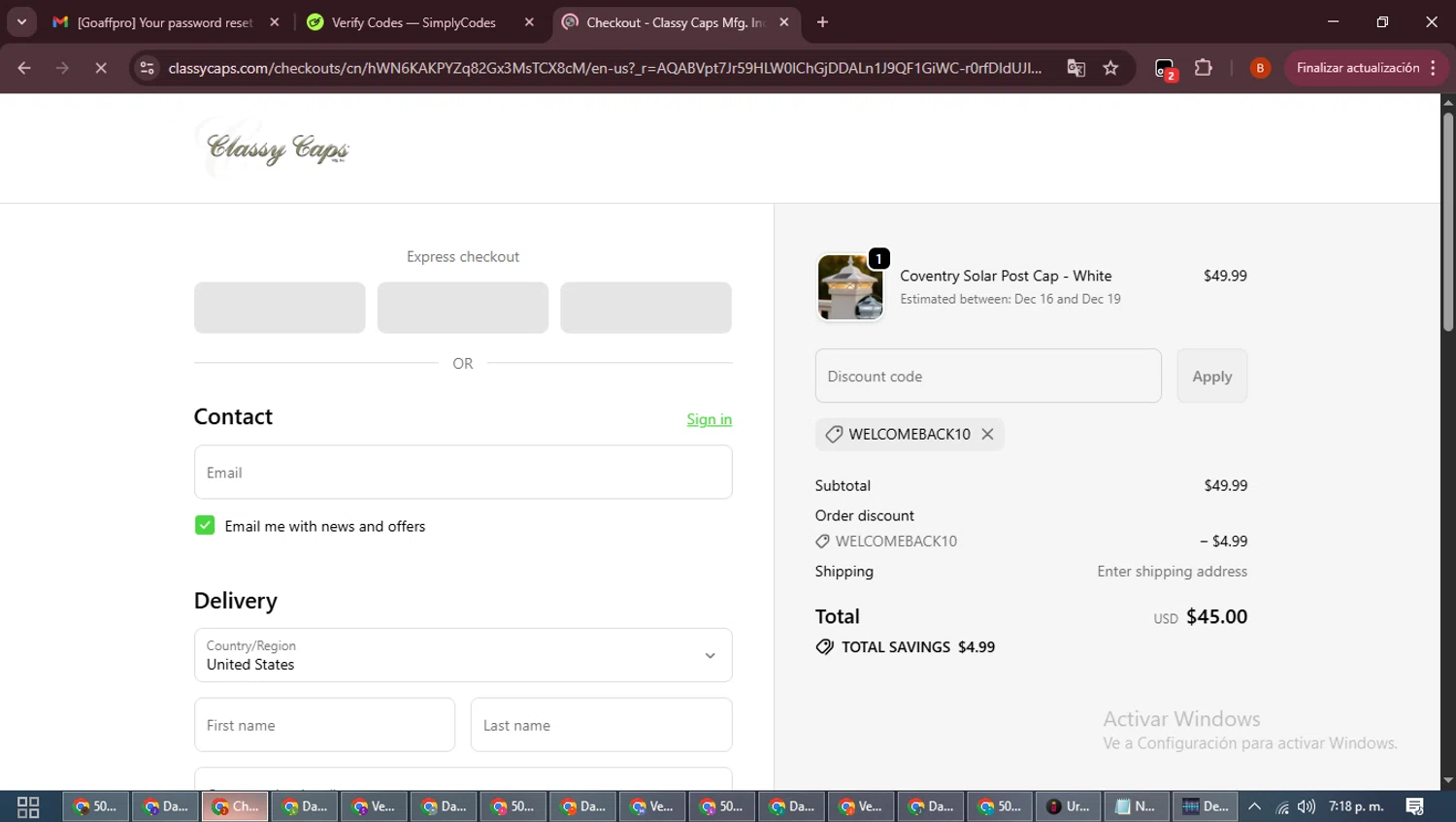 Classy Caps discount code screenshot showing code WELCOMEBACK10 applied at Classy Caps checkout page. Uploaded by SimplyCodes community member DiscountExpert6435 on Dec 11, 2025