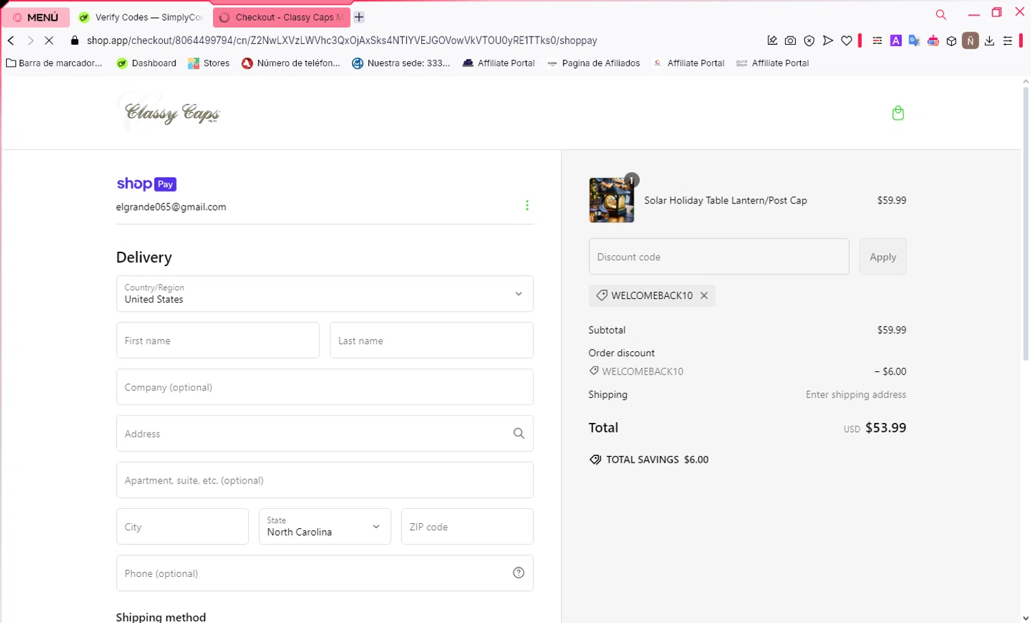 Classy Caps discount code screenshot showing code WELCOMEBACK10 applied at Classy Caps checkout page. Uploaded by SimplyCodes community member PrimeShopper9739 on Feb 4, 2025