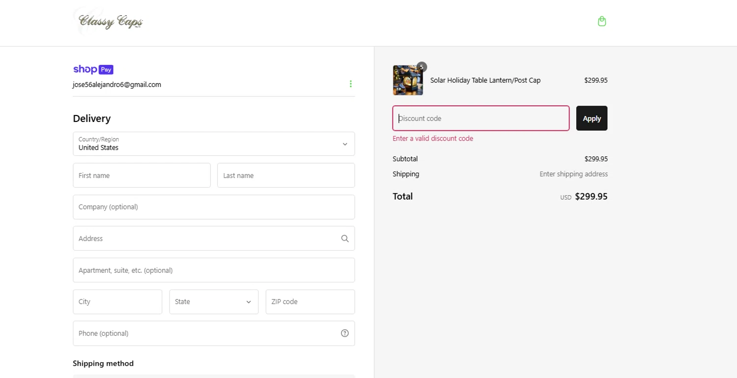 Classy Caps discount code screenshot showing code HOLIDAYSOLAR applied at Classy Caps checkout page. Uploaded by SimplyCodes community member Kmacho on Jan 11, 2025