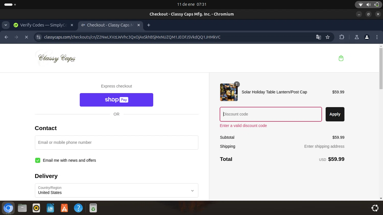 Classy Caps discount code screenshot showing code HOLIDAYSOLAR applied at Classy Caps checkout page. Uploaded by SimplyCodes community member ThriftyWizard1508 on Jan 11, 2025