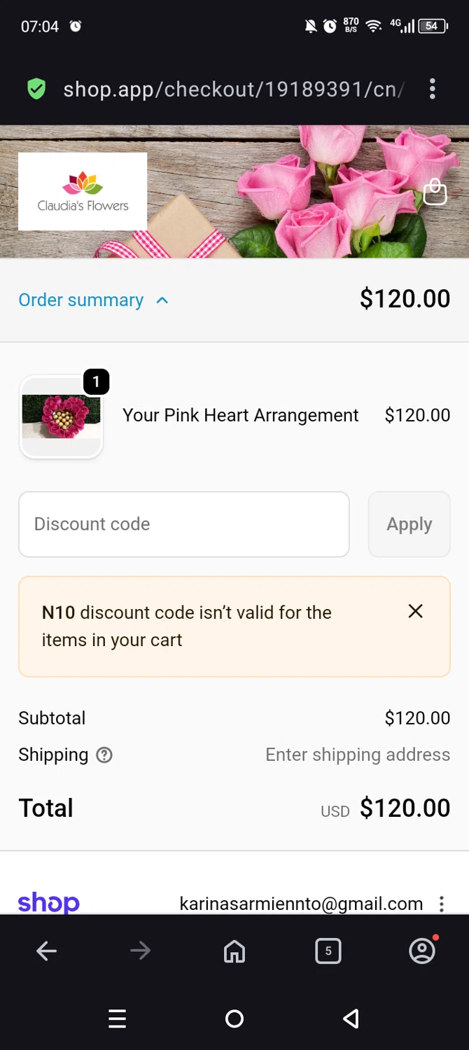 Claudia's Flowers promo code screenshot showing code N10 applied at Claudia's Flowers checkout page. Uploaded by SimplyCodes community member Olivatle37 on Apr 9, 2026