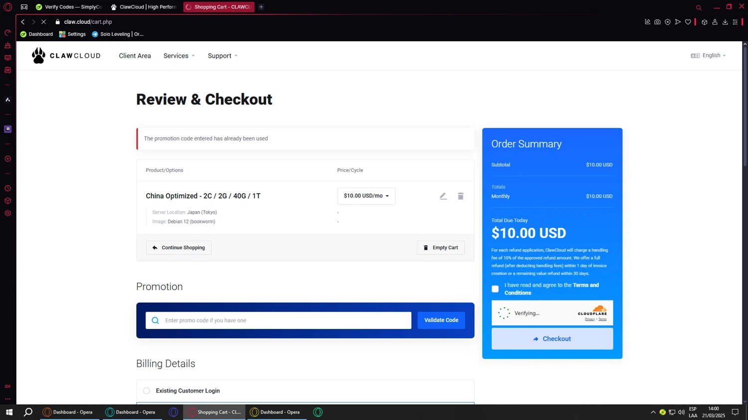 ClawCloud promo code screenshot showing code O3CM4FHC9I applied at ClawCloud checkout page. Uploaded by SimplyCodes community member BANKAI on Mar 21, 2025
