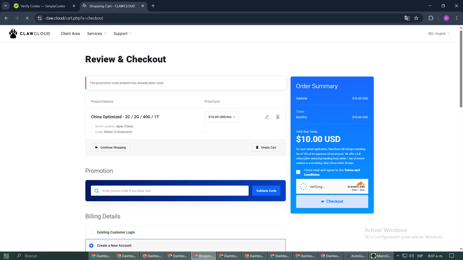 ClawCloud promo code screenshot showing code O3CM4FHC9I applied at ClawCloud checkout page. Uploaded by SimplyCodes community member FrugalFox6349 on Mar 21, 2025