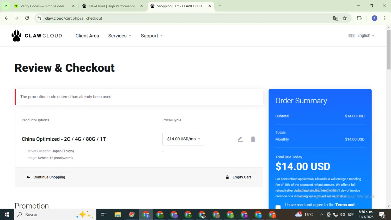 ClawCloud promo code screenshot showing code O3CM4FHC9I applied at ClawCloud checkout page. Uploaded by SimplyCodes community member TreasureCaptain5531 on Mar 21, 2025