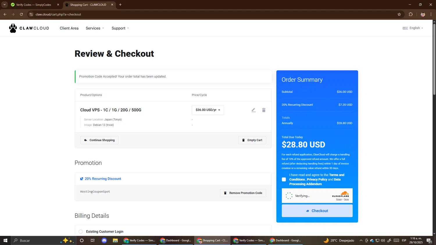 ClawCloud promo code screenshot showing code HostingCouponSpot applied at ClawCloud checkout page. Uploaded by SimplyCodes community member El_mynor on Oct 29, 2025