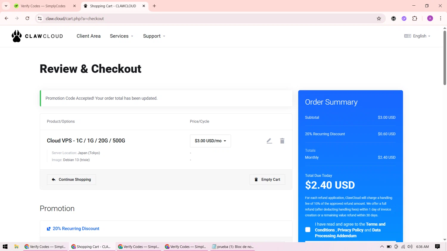 ClawCloud promo code screenshot showing code HostingCouponSpot applied at ClawCloud checkout page. Uploaded by SimplyCodes community member ShrewdMaverick9198 on Sep 20, 2025