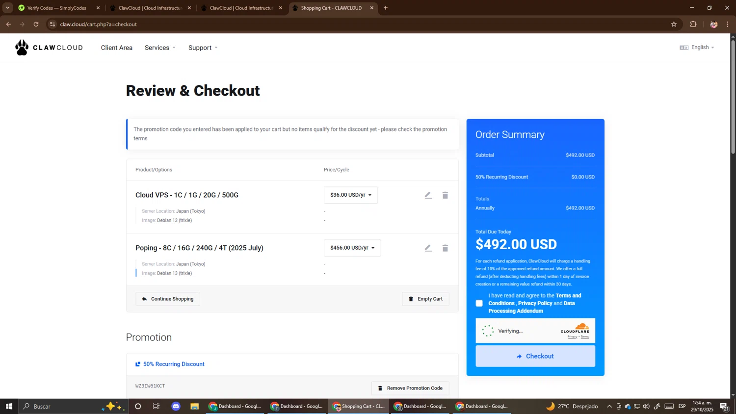 ClawCloud promo code screenshot showing code WZ3IW61KCT applied at ClawCloud checkout page. Uploaded by SimplyCodes community member El_mynor on Oct 29, 2025