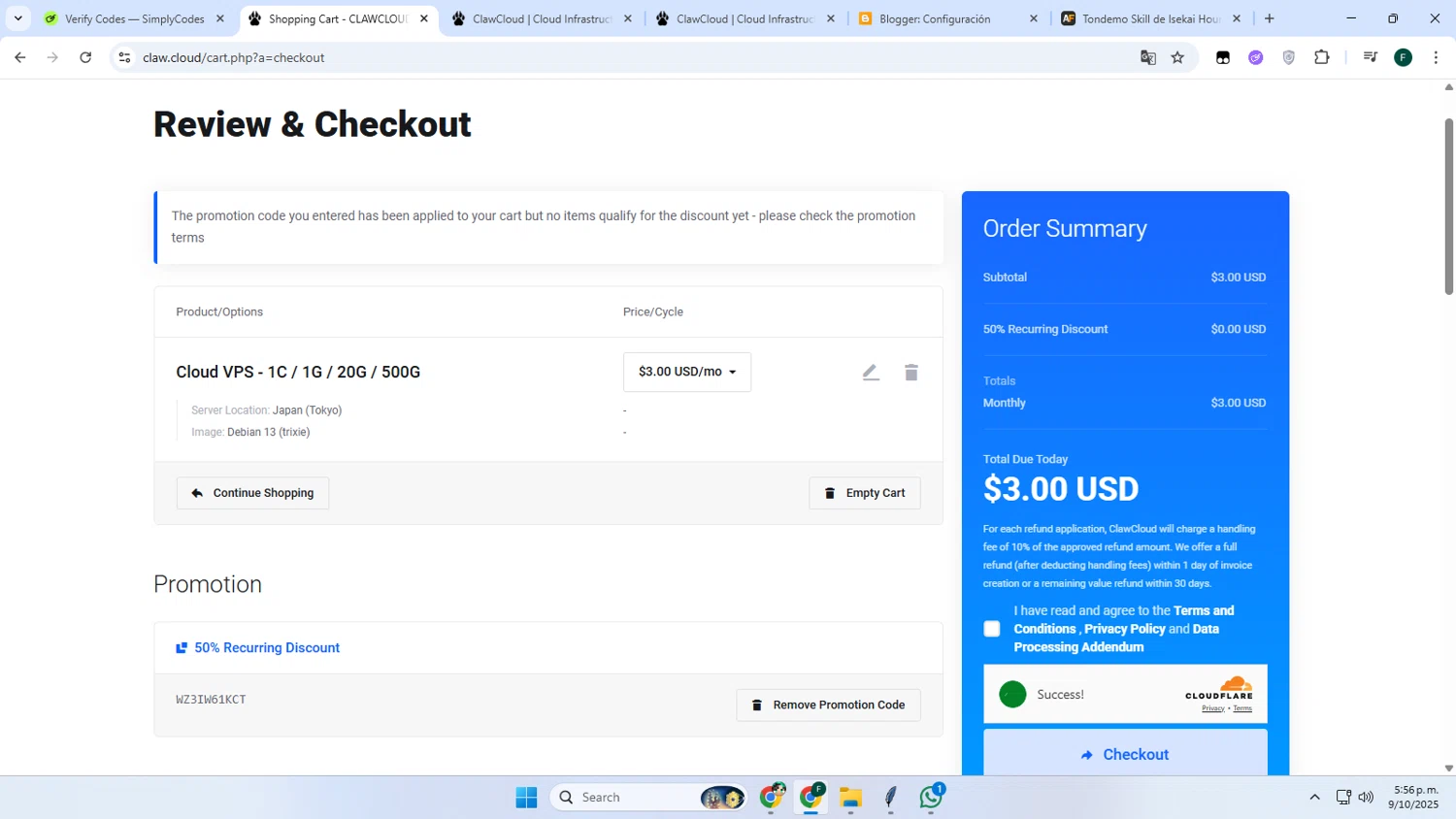 ClawCloud promo code screenshot showing code WZ3IW61KCT applied at ClawCloud checkout page. Uploaded by SimplyCodes community member Juanse on Oct 9, 2025