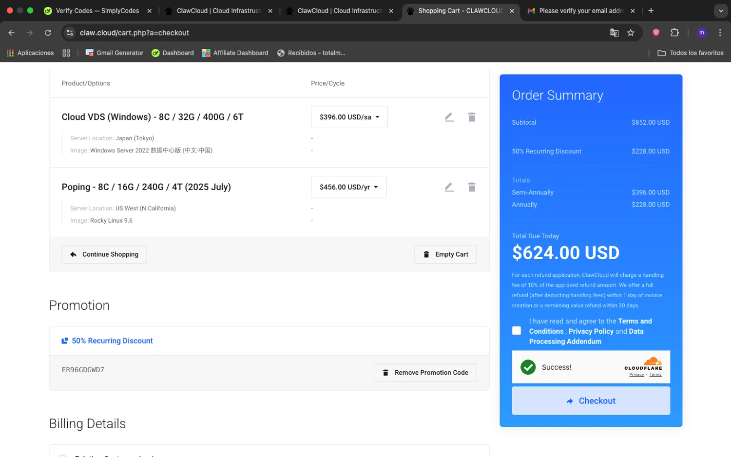 ClawCloud promo code screenshot showing code ER96GDGWD7 applied at ClawCloud checkout page. Uploaded by SimplyCodes community member 1234ely on Aug 26, 2025