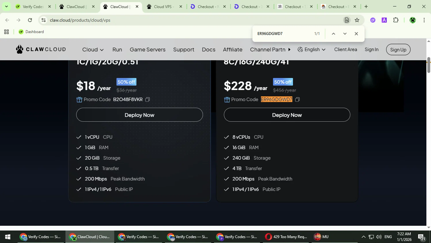 ClawCloud checkout page showing ClawCloud promo code box | Screenshot taken by SimplyCodes community member on Jan 1, 2026