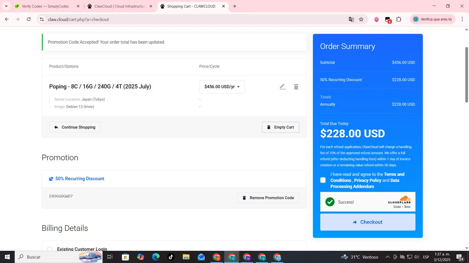 ClawCloud promo code screenshot showing code ER96GDGWD7 applied at ClawCloud checkout page. Uploaded by SimplyCodes community member codygakpo on Dec 3, 2025