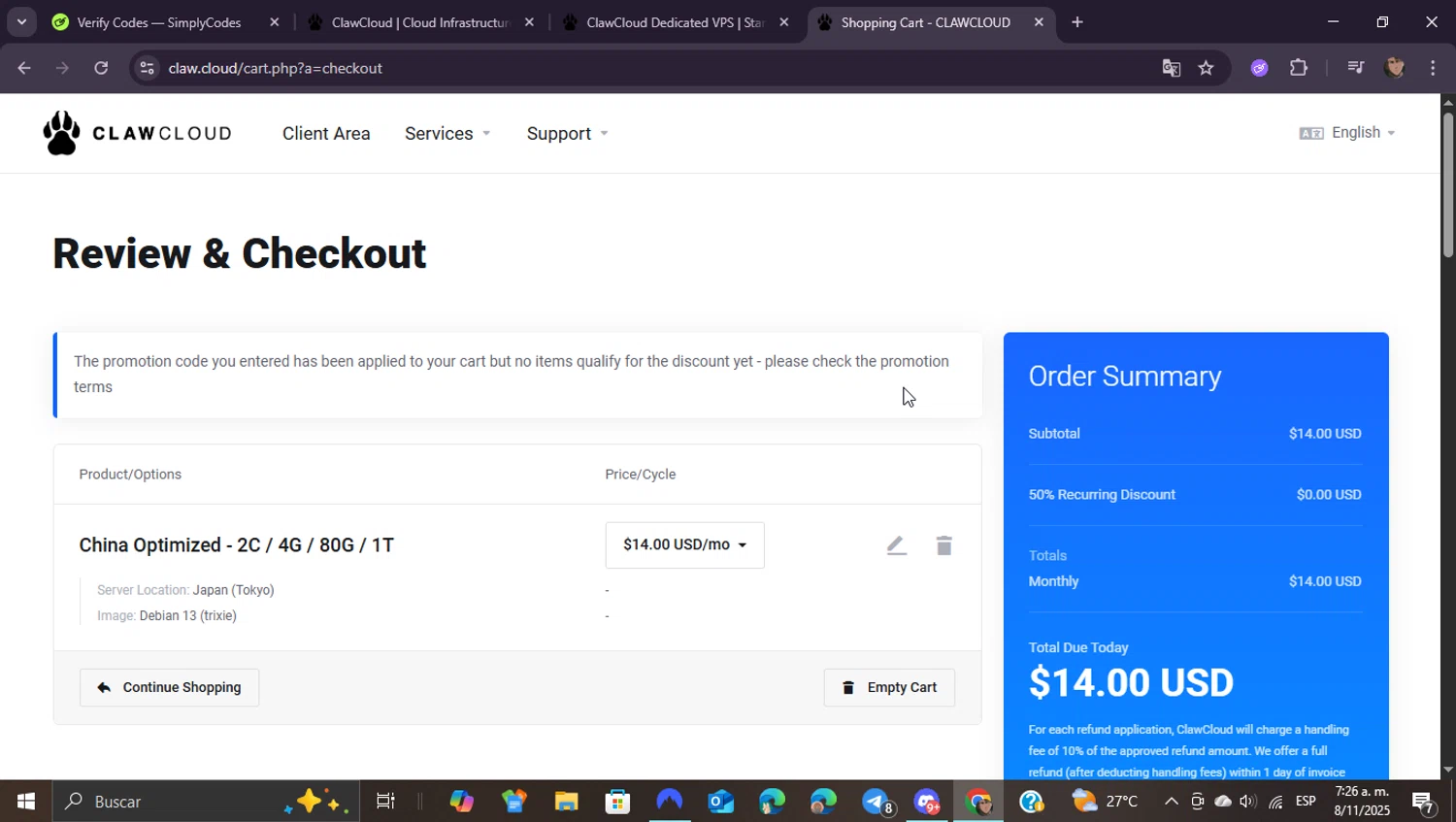 ClawCloud promo code screenshot showing code B2O48F8VKR applied at ClawCloud checkout page. Uploaded by SimplyCodes community member ShieldEagle9436 on Nov 8, 2025