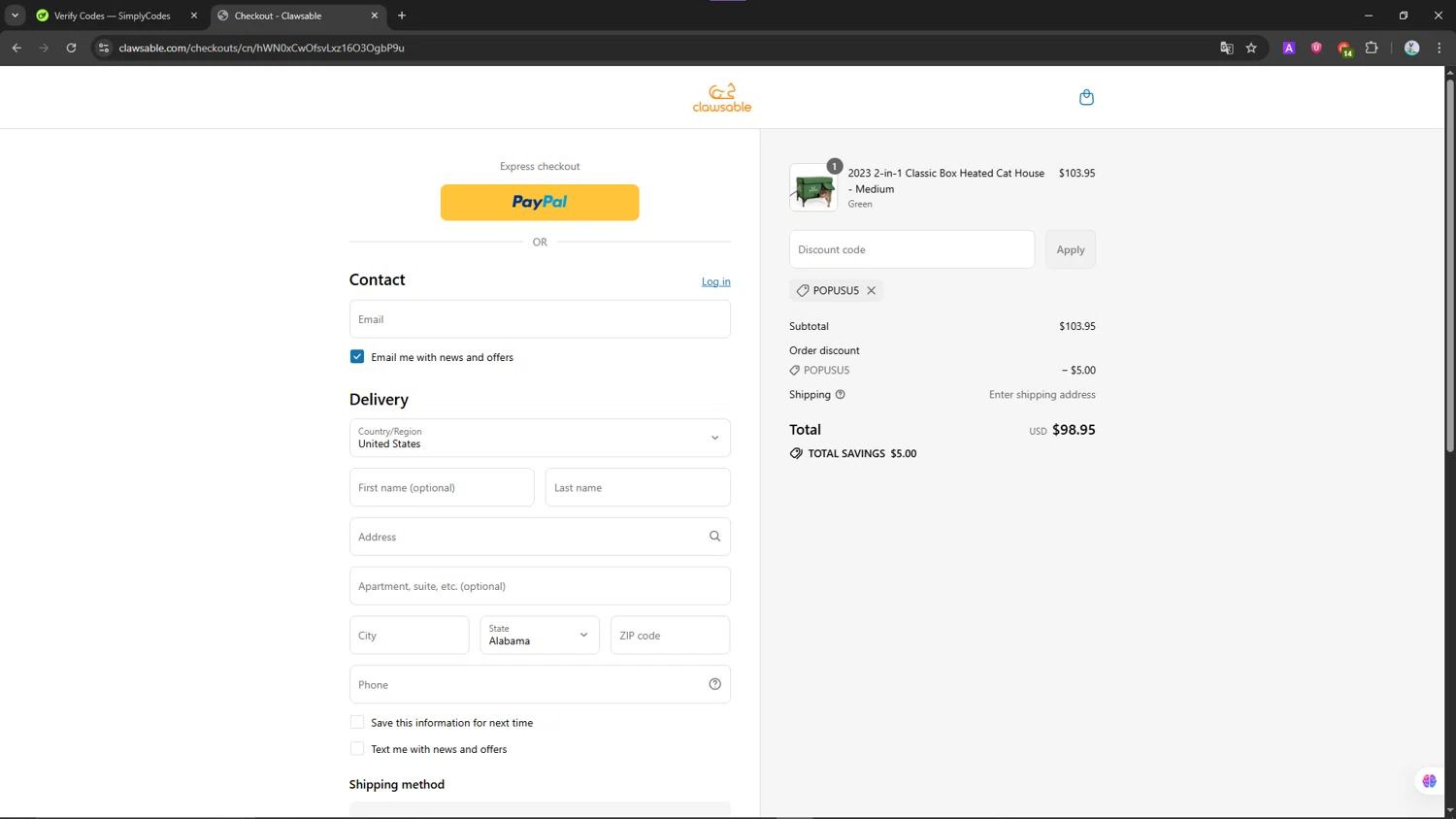 Clawsable discount code screenshot showing code popusu5 applied at Clawsable checkout page. Uploaded by SimplyCodes community member NobleScholar188 on Jul 23, 2025