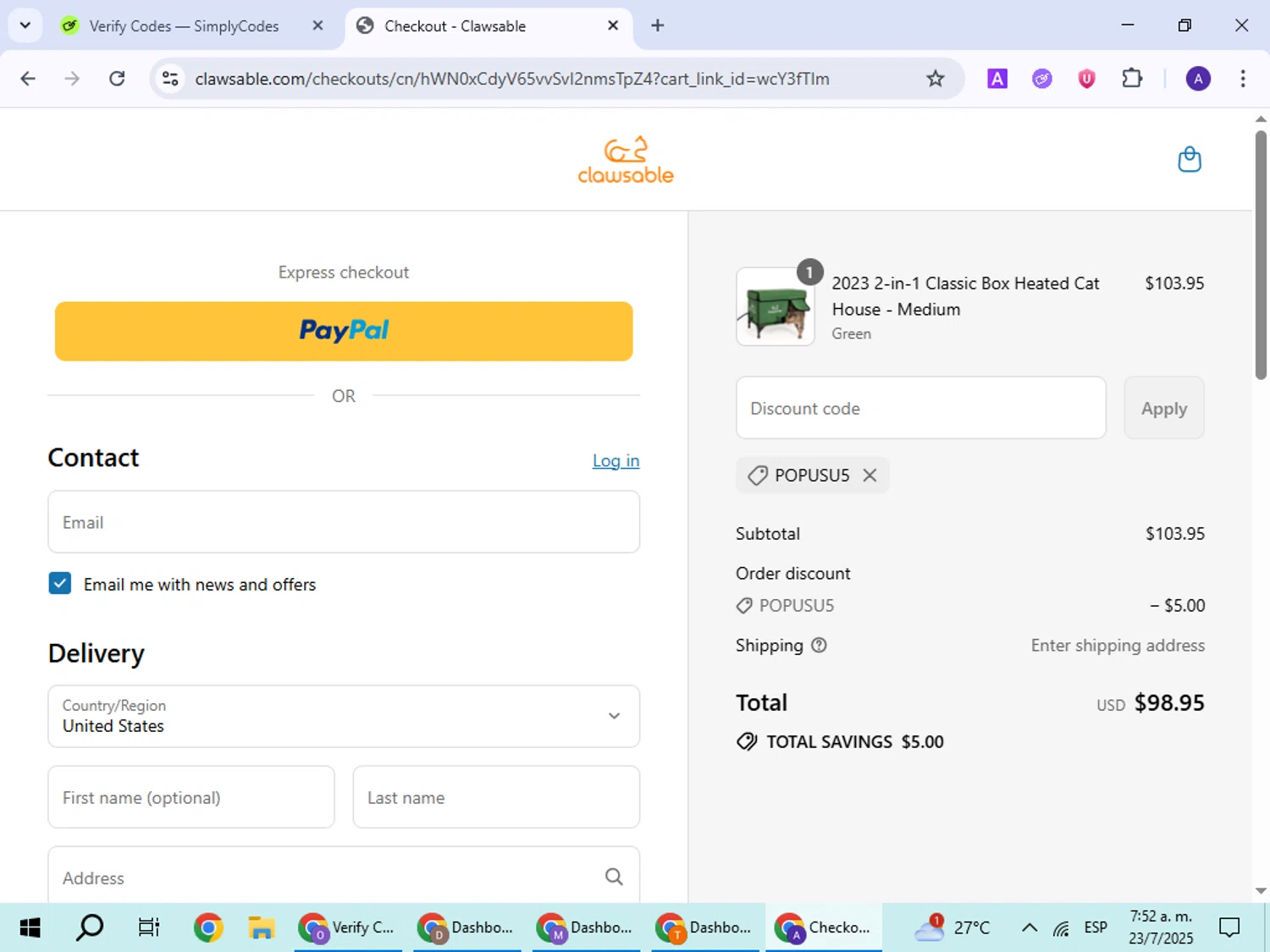 Clawsable discount code screenshot showing code popusu5 applied at Clawsable checkout page. Uploaded by SimplyCodes community member ThriftySentinel2853 on Jul 23, 2025