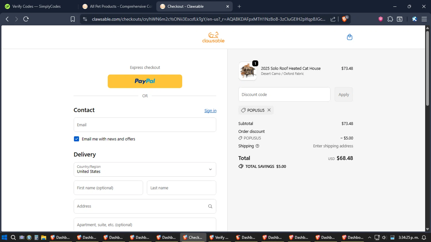 Clawsable discount code screenshot showing code popusu5 applied at Clawsable checkout page. Uploaded by SimplyCodes community member TreasureExpert3303 on Dec 23, 2025