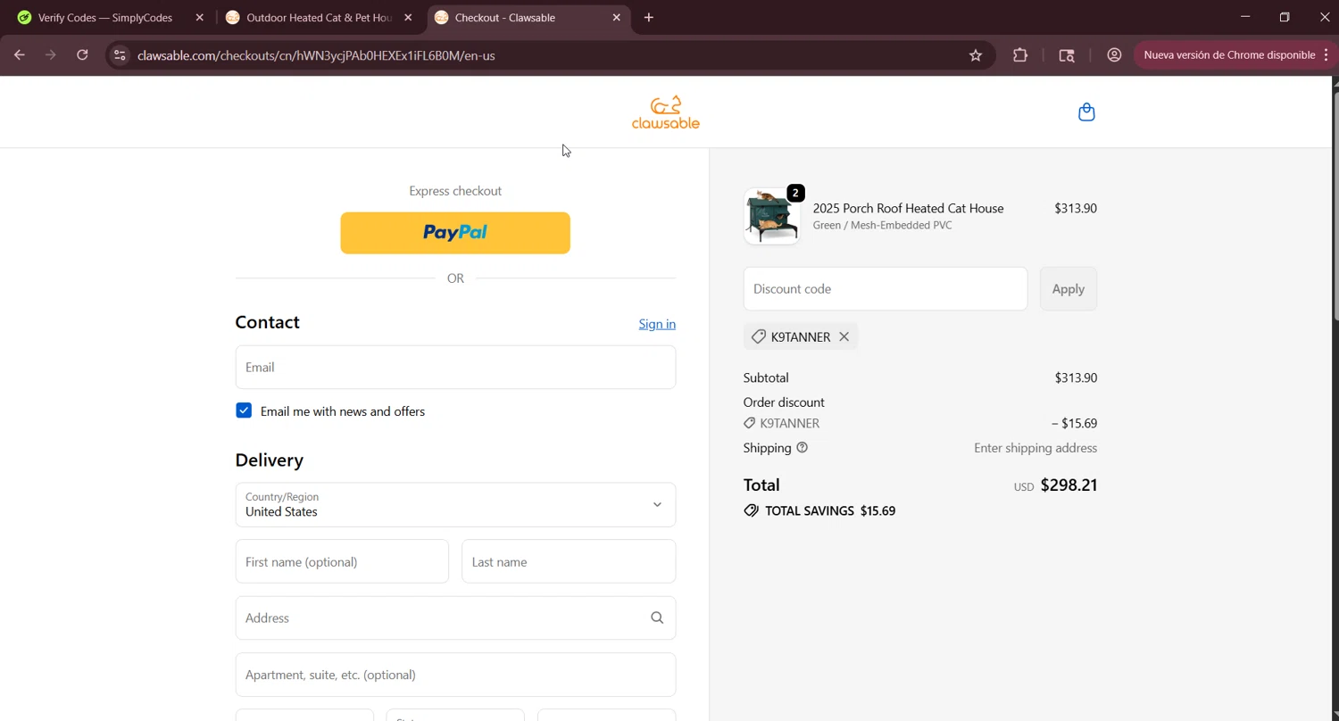 Clawsable discount code screenshot showing code K9tanner applied at Clawsable checkout page. Uploaded by SimplyCodes community member LuckyNavigator1490 on Oct 11, 2025