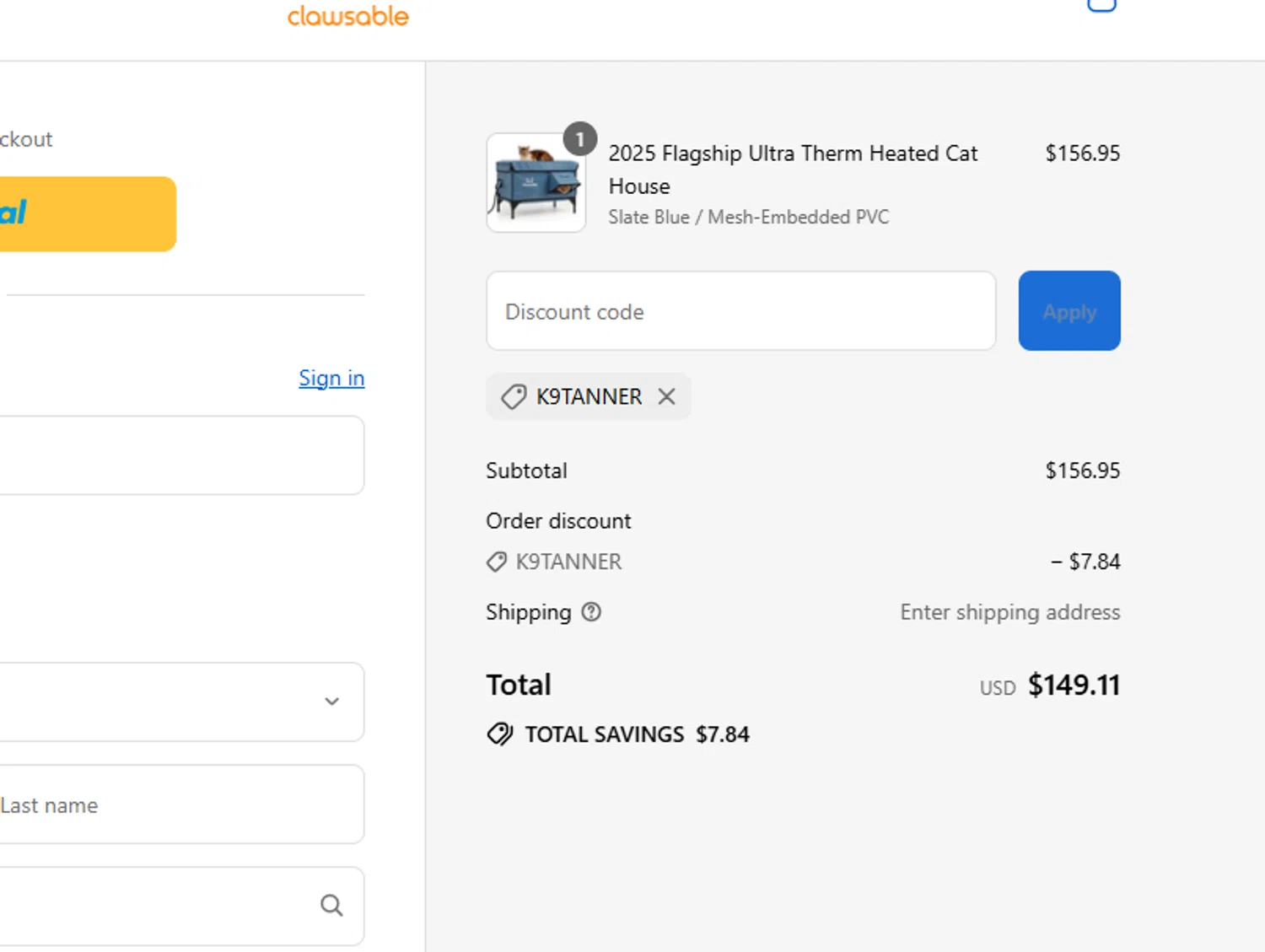 Clawsable discount code screenshot showing code K9tanner applied at Clawsable checkout page. Uploaded by SimplyCodes community member MrWolf on Sep 12, 2025