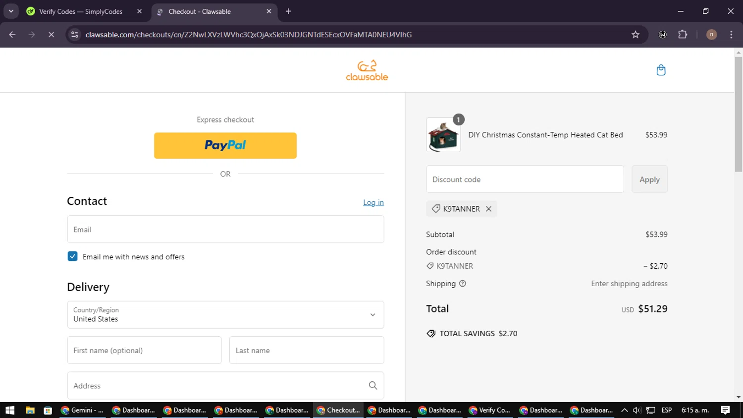 Clawsable discount code screenshot showing code K9tanner applied at Clawsable checkout page. Uploaded by SimplyCodes community member SmartWarden8713 on Feb 16, 2025