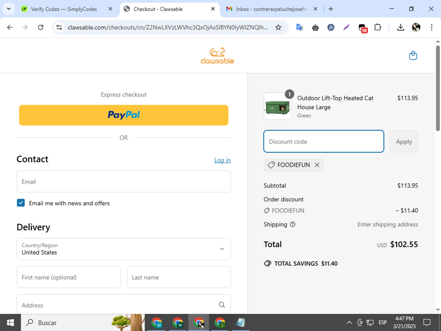 Clawsable discount code screenshot showing code FOODIEFUN applied at Clawsable checkout page. Uploaded by SimplyCodes community member mariapolancog on Mar 21, 2025
