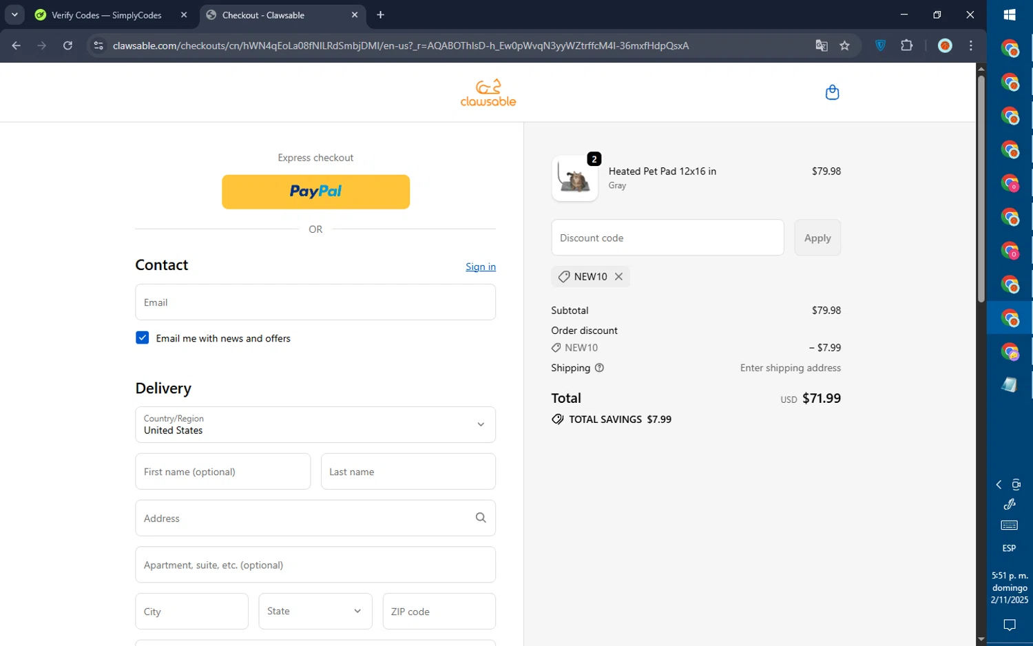 Clawsable discount code screenshot showing code NEW10 applied at Clawsable checkout page. Uploaded by SimplyCodes community member GoldPilot5958 on Nov 2, 2025