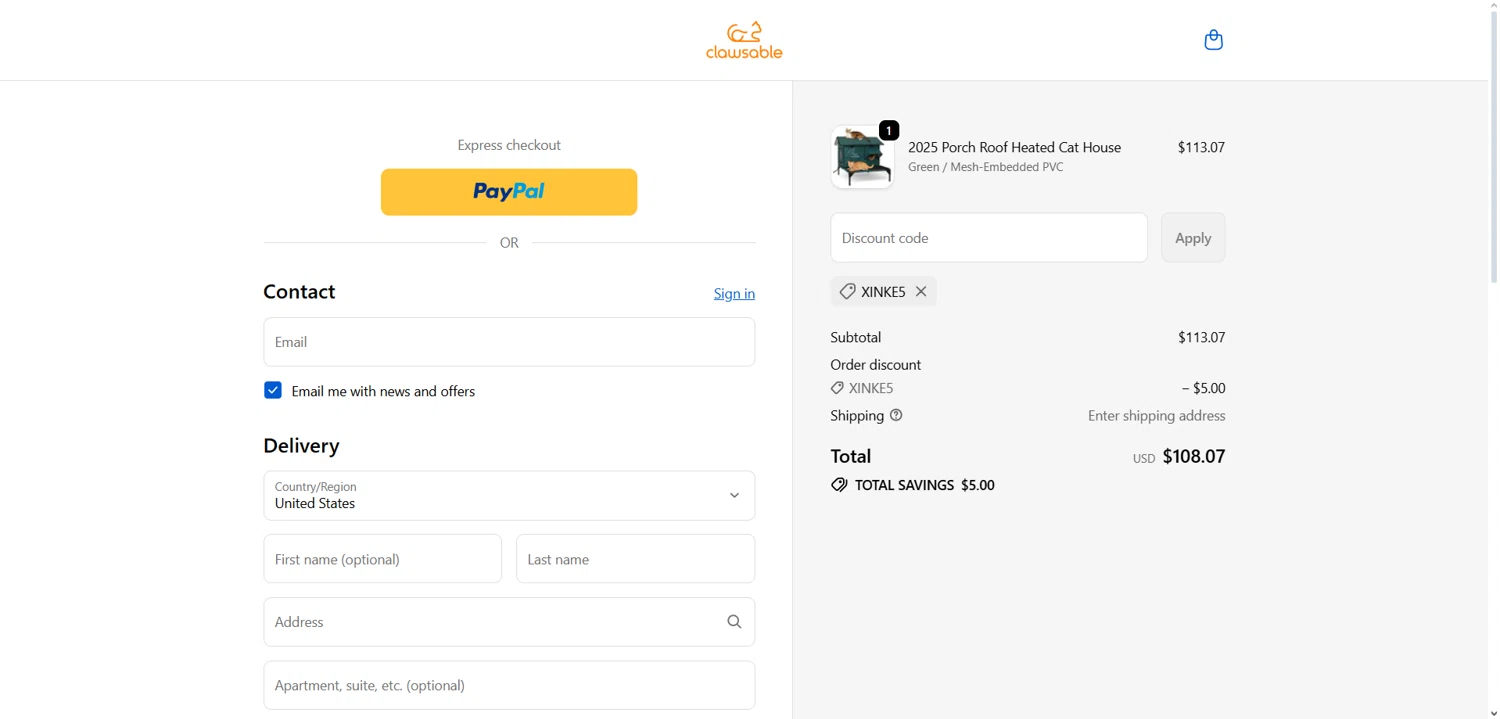 Clawsable discount code screenshot showing code XINKE5 applied at Clawsable checkout page. Uploaded by SimplyCodes community member Dorothy on Dec 27, 2025