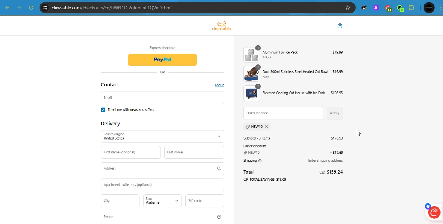 Clawsable discount code screenshot showing code NEW10 applied at Clawsable checkout page. Uploaded by SimplyCodes community member PrincessCoupon on Aug 4, 2025