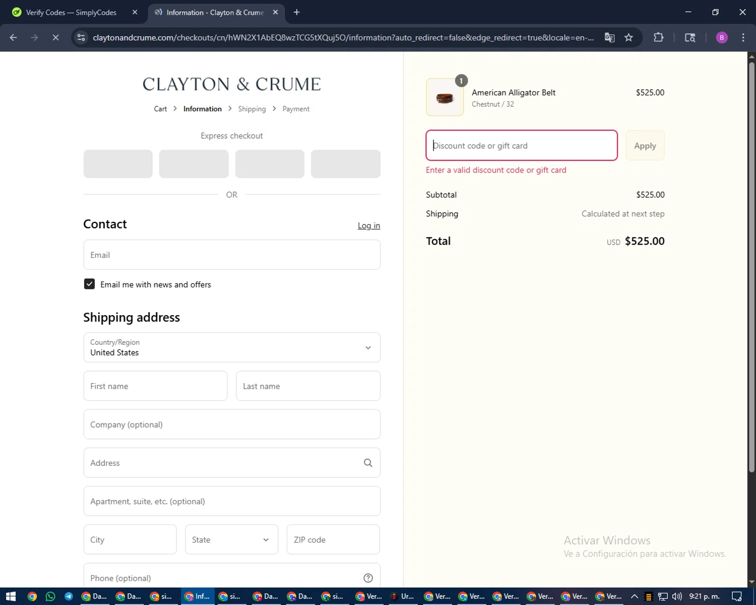 Clayton & Crume promo code screenshot showing code Beltmonth applied at Clayton & Crume checkout page. Uploaded by SimplyCodes community member travisscott on Sep 3, 2025