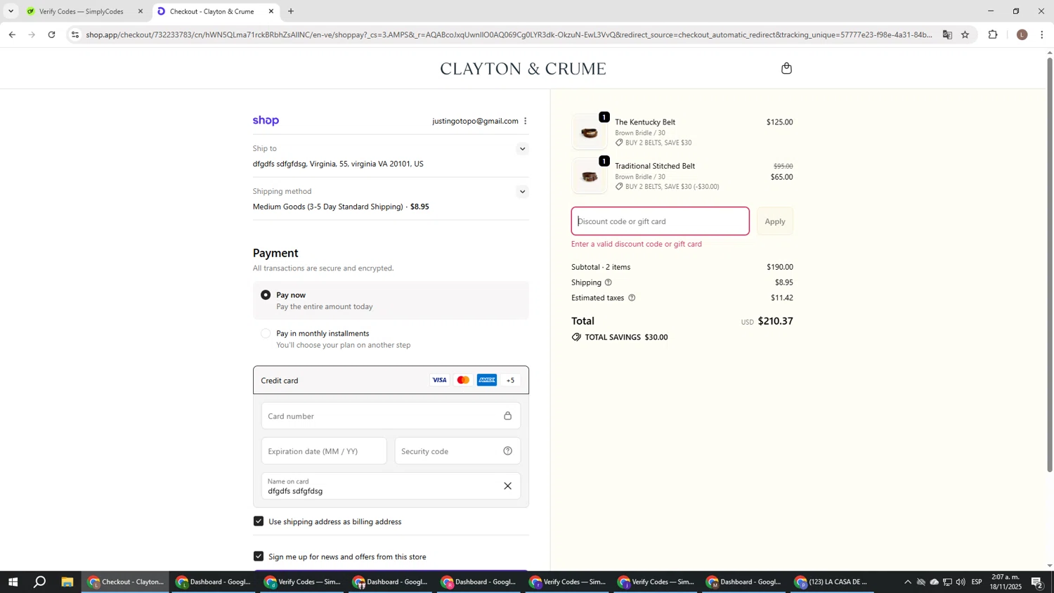 Clayton & Crume promo code screenshot showing code tyler applied at Clayton & Crume checkout page. Uploaded by SimplyCodes community member BENELLI on Nov 18, 2025
