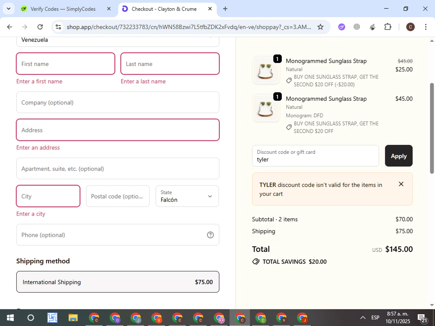 Clayton & Crume promo code screenshot showing code tyler applied at Clayton & Crume checkout page. Uploaded by SimplyCodes community member VictorL on Nov 10, 2025