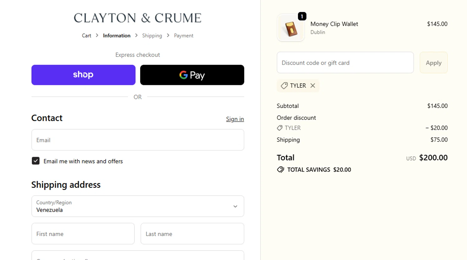 Clayton & Crume promo code screenshot showing code tyler applied at Clayton & Crume checkout page. Uploaded by SimplyCodes community member gilbertrondon on Nov 10, 2025