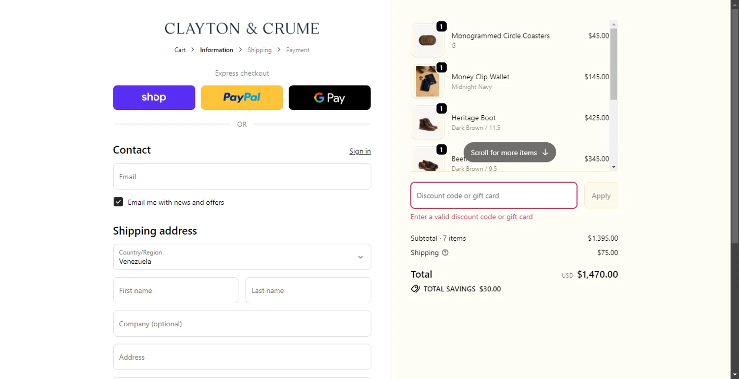 Clayton & Crume promo code screenshot showing code GOODS25 applied at Clayton & Crume checkout page. Uploaded by SimplyCodes community member SavvyHawk1474 on Dec 3, 2025