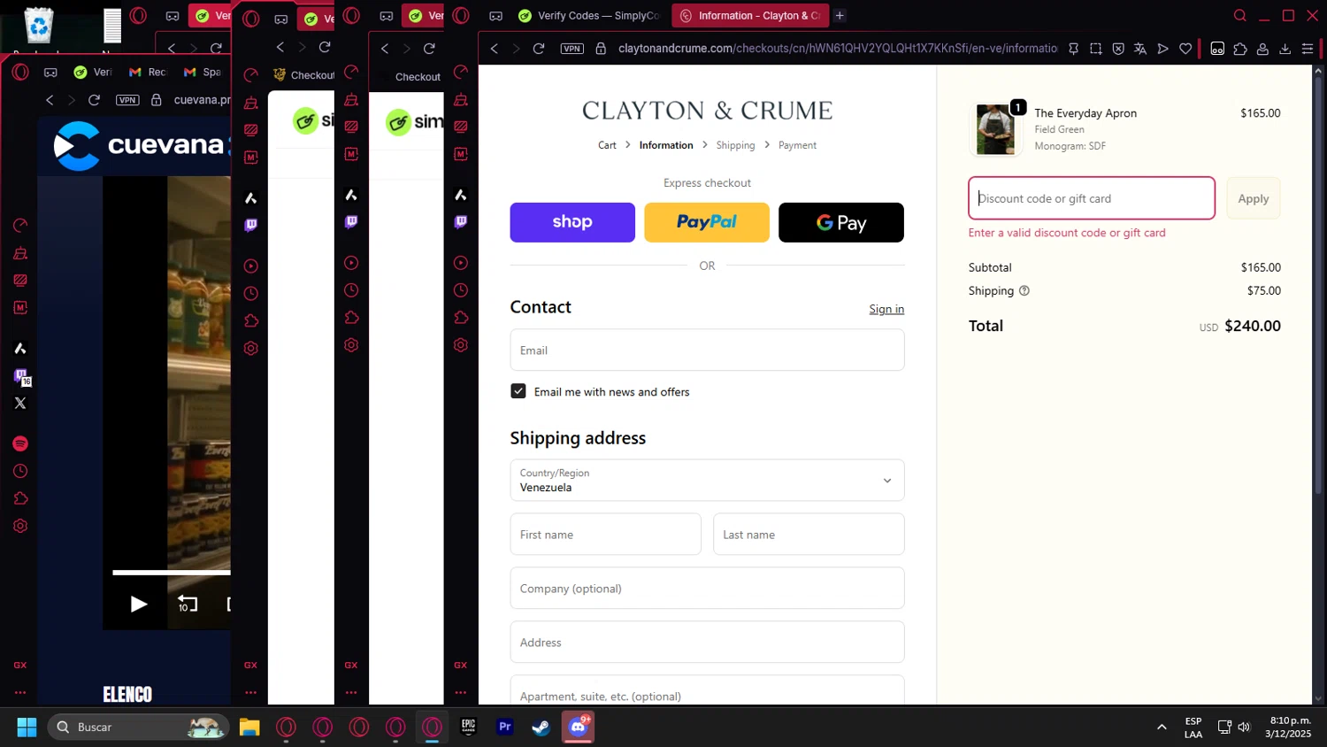 Clayton & Crume promo code screenshot showing code First25 applied at Clayton & Crume checkout page. Uploaded by SimplyCodes community member Handivlak on Dec 4, 2025