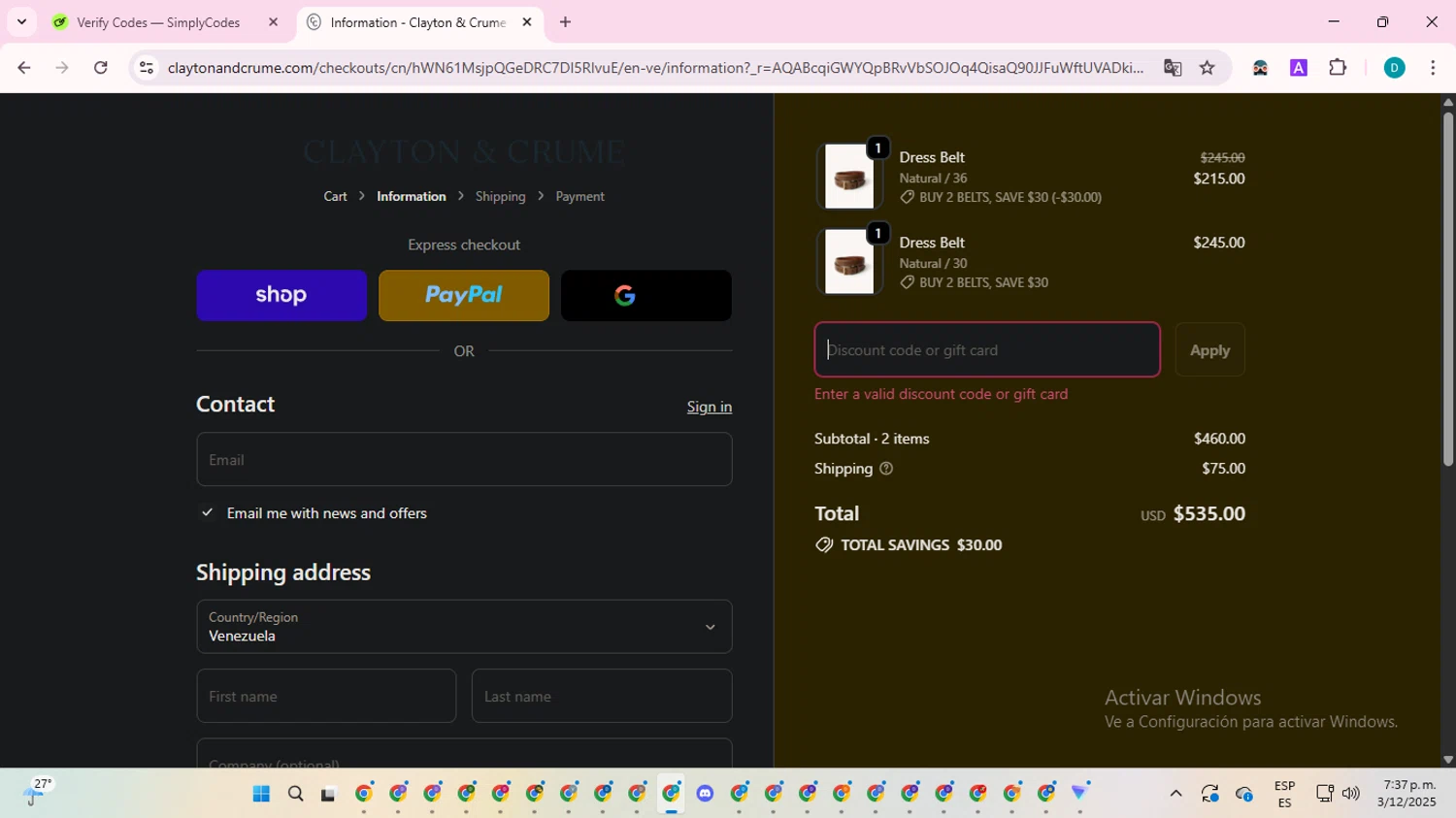 Clayton & Crume promo code screenshot showing code First25 applied at Clayton & Crume checkout page. Uploaded by SimplyCodes community member ShrewdTracker5871 on Dec 3, 2025