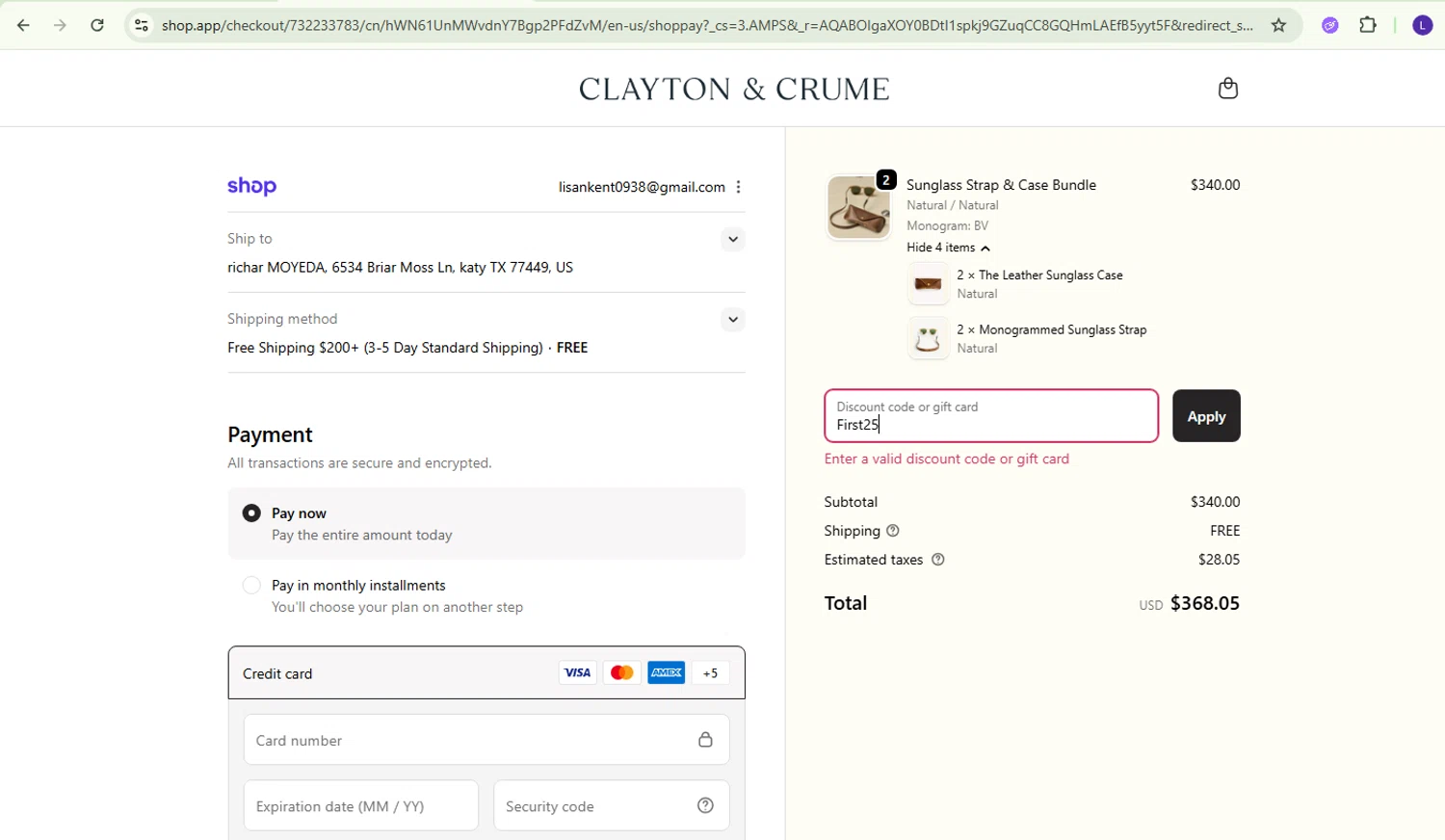 Clayton & Crume promo code screenshot showing code First25 applied at Clayton & Crume checkout page. Uploaded by SimplyCodes community member richard007 on Dec 4, 2025