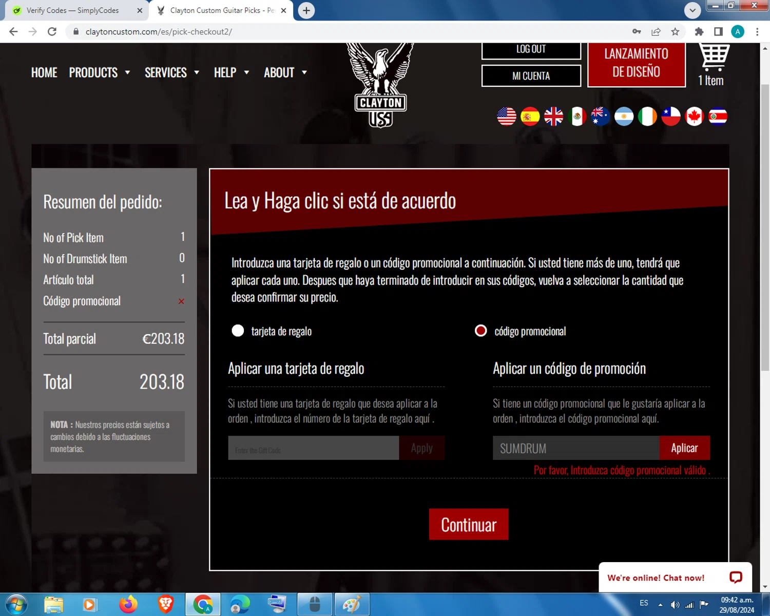 Clayton Custom checkout page showing Clayton Custom promo code box | Screenshot taken by SimplyCodes community member on Aug 29, 2024