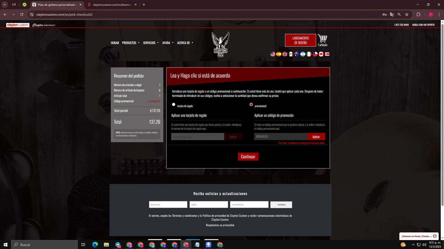 Clayton Custom promo code screenshot showing code ROCKIN20 applied at Clayton Custom checkout page. Uploaded by SimplyCodes community member WiseScout3498 on Mar 13, 2025