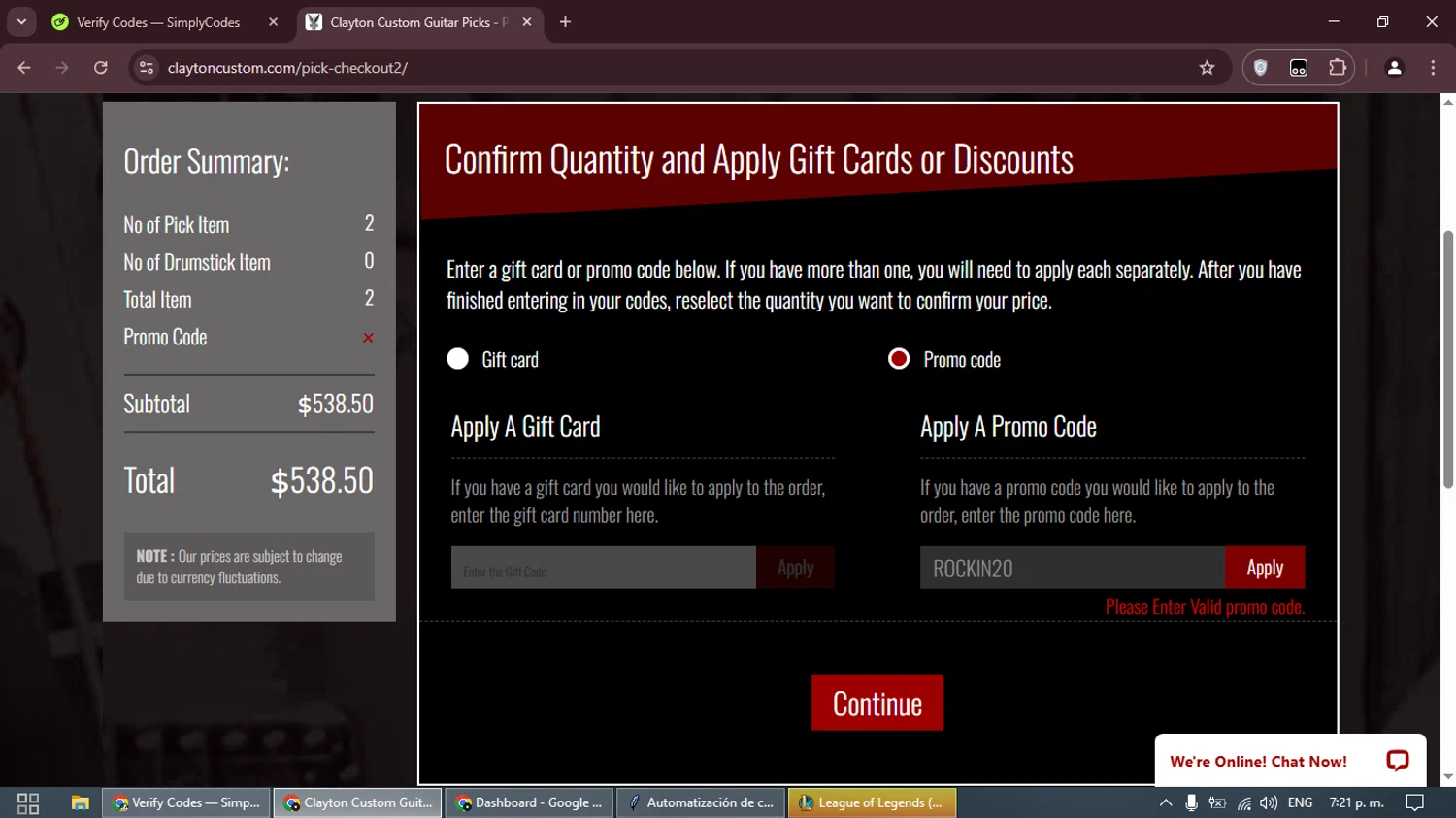 Clayton Custom promo code screenshot showing code ROCKIN20 applied at Clayton Custom checkout page. Uploaded by SimplyCodes community member GloriousWizard5474 on Mar 13, 2025