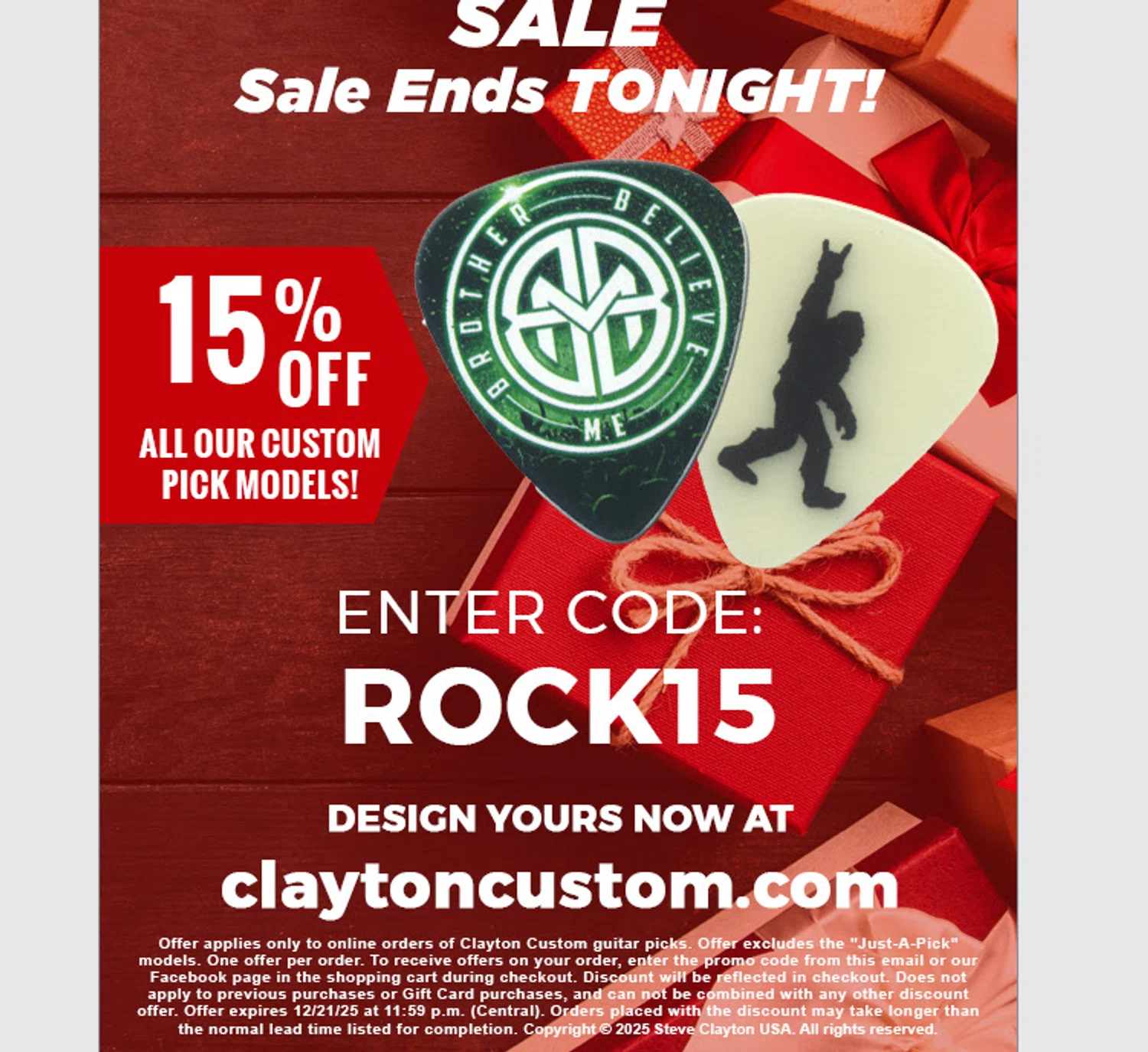Clayton Custom promo code screenshot showing code rock15 applied at Clayton Custom checkout page. Uploaded by SimplyCodes community member Logoteam on Dec 21, 2025