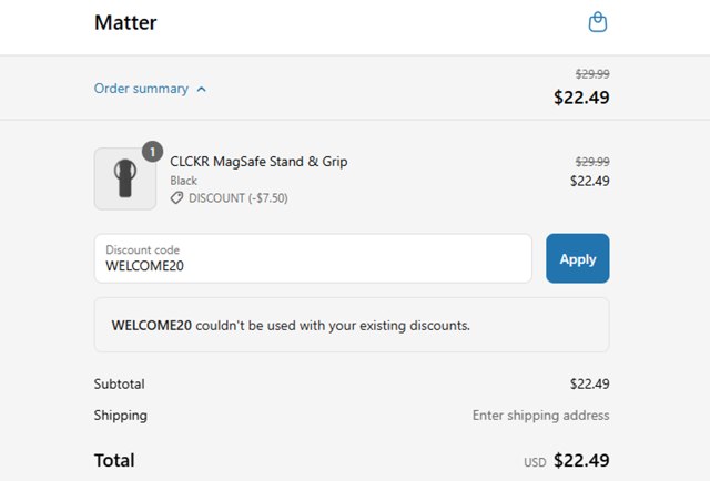 CLCKR checkout page showing CLCKR promo code box | Screenshot taken by SimplyCodes community member on Jun 10, 2025