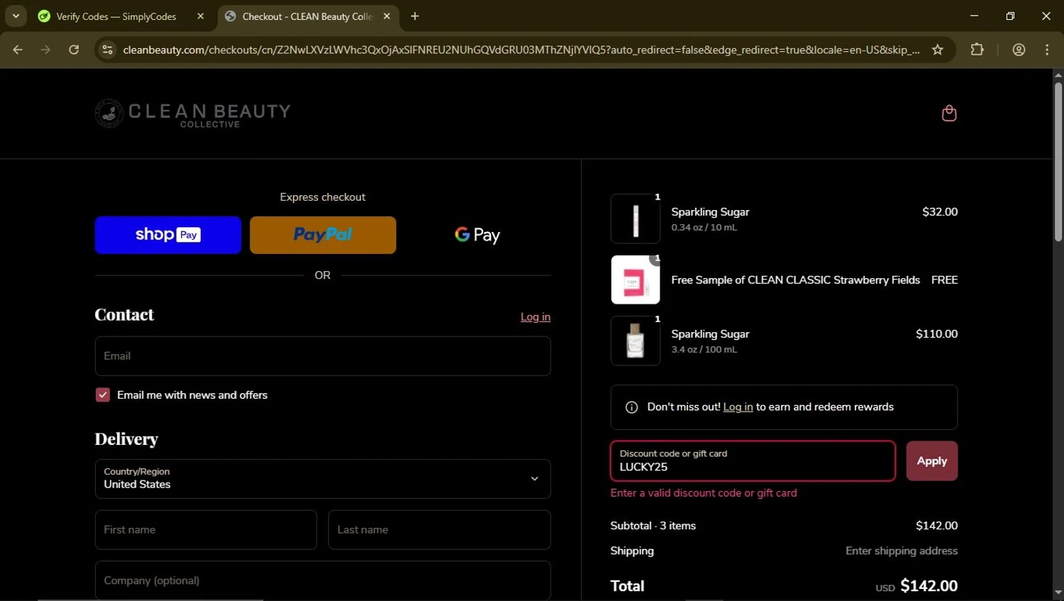 Clean Beauty promo code screenshot showing code LUCKY25 applied at Clean Beauty checkout page. Uploaded by SimplyCodes community member FrugalSeeker3437 on Mar 30, 2025