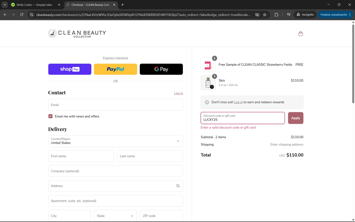 Clean Beauty promo code screenshot showing code LUCKY25 applied at Clean Beauty checkout page. Uploaded by SimplyCodes community member juan1702 on Mar 30, 2025