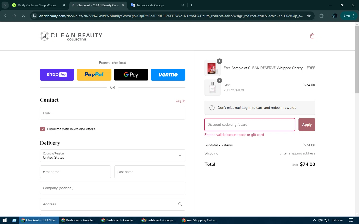 Clean Beauty promo code screenshot showing code WINTER25 applied at Clean Beauty checkout page. Uploaded by SimplyCodes community member Kurokenshi on Jan 24, 2025